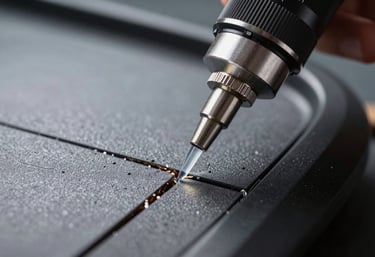 Macro photography of a precision tool injecting clear liquid resin into a small crack on a windshield, showcasing the technical skill and high-quality materials used.