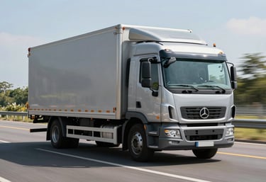 A high-quality photo of a Silver Grey delivery truck moving efficiently on a clean, modern highway during a sunny day.