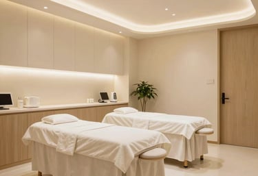 High-end medical aesthetic clinic interior, warm jade and champagne gold tones, East Asian modern luxury, clean and soothing atmosphere.