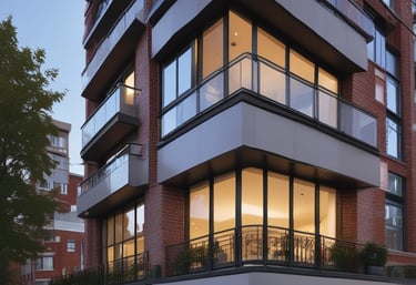 A welcoming apartment building entrance with well-maintained landscaping.
