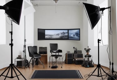 A cozy, modern photo studio in Braga with bright lights and creative equipment neatly arranged.