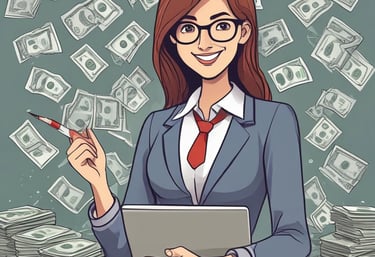 Cartoon-style illustration of a happy person stacking dollar bills with a big smile.