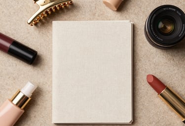 An overhead aesthetic flat lay of various curated beauty products, a stylish gold hair clip, and a linen notepad on a textured neutral sand-colored background. Bright, quirky, and natural lighting.