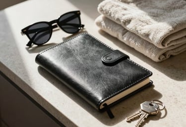 An aesthetic arrangement of modern lifestyle items: a sleek leather notebook, a pair of chic sunglasses, a neutral baby blanket, and a key ring on a beautiful stone vanity, lit by direct sunlight in a North American / US home.