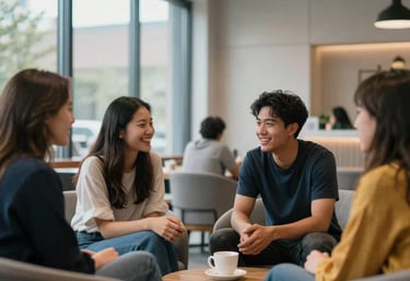 A group of young adults from a North American city talking and laughing in a bright, modern community center lounge with steel blue and soft grey decor.