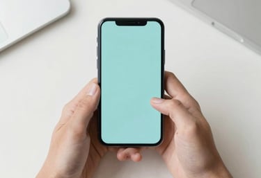 Overhead view of hands holding a sleek smartphone in a minimalist North American workspace. The image is clean and bright, emphasizing a modern and accessible digital tool. Colors: Light Aqua and Off White.