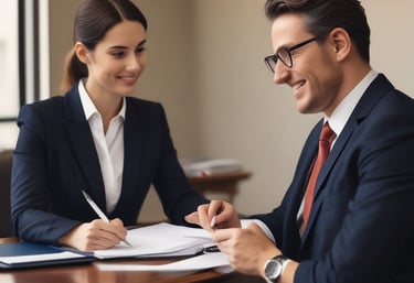 Professional lawyer consulting with client in a modern office setting. The imag