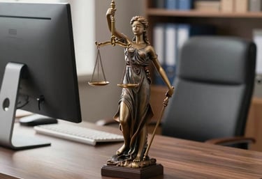 a statue of a lady justice holding a sword next to a keyboard