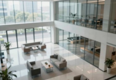 A high-angle shot of a sleek, glass-walled office lobby with modern furniture. The morning light reflects off polished surfaces. Professional, clean, and strategic commercial vibe.