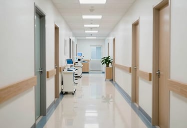 A wide shot of a gleaming, perfectly sanitized medical office corridor with polished floors and bright, clinical lighting, North American / US medical facility.