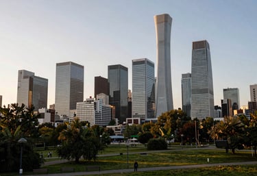 A professional view of the La Défense business district skyline as seen from a park in Courbevoie. Sunset lighting, modern and prestigious atmosphere.