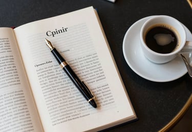 A top-down view of a stylish French cafe table in Courbevoie with a French grammar book, a designer fountain pen, and an espresso. Elegant and academic atmosphere.