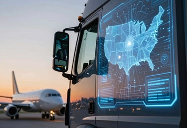 A warm, sunlit farm landscape with digital data overlays symbolizing the fusion of agriculture and technology.