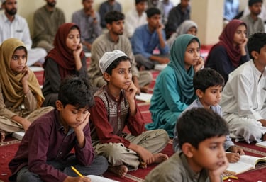 A group of smiling children and adults engaged in a lively community learning session outdoors.