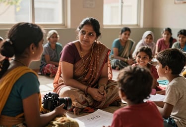A group of smiling children and adults engaged in a lively community learning session outdoors.