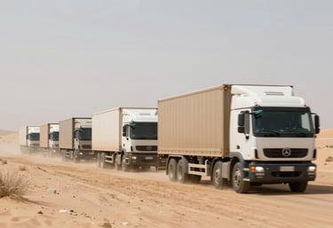 A fleet of logistics trucks moving in a perfect row through a clear desert landscape, captured with professional motion blur. Colors: #7E6D5D, #3C3C3B, and #F3EFEA.