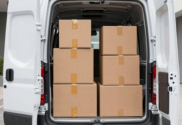 Delivery van driving through a cityscape representing tri-state area coverage.