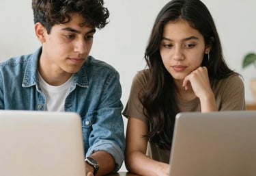 A dynamic team collaborating over a modern workspace filled with charts and laptops.