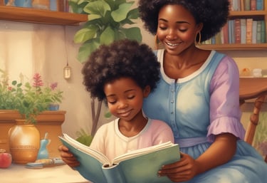 A colorful, whimsical illustration of a child reading a personalized storybook with their photo on the cover, surrounded by playful Disney-style characters.