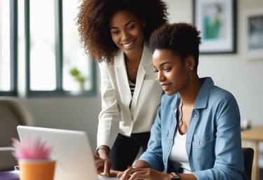 A creative professional reviewing luxury AI portraits on a large screen in a cozy studio.