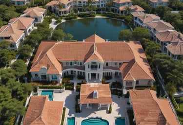 A panoramic view of a large commercial building with a freshly completed waterproof roof set against a calm ocean backdrop.