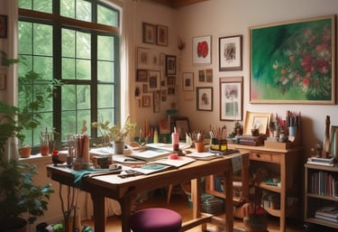 A serene creative workshop space with natural light and artistic tools arranged neatly.