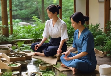 A cozy, elegant room with beige and emerald tones, decorated with subtle Mongolian and gypsy motifs.