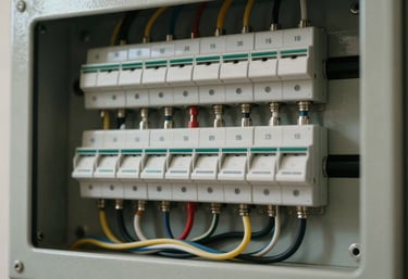 A close-up of an organized electrical panel with clearly labeled switches and clean wiring in a Southern European / Spanish property. Professional aesthetic.