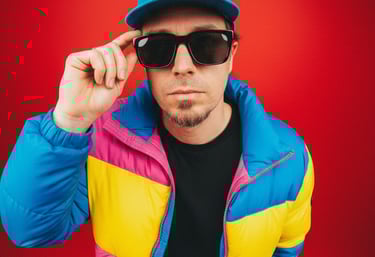 a man in a colorful jacket and sunglasses