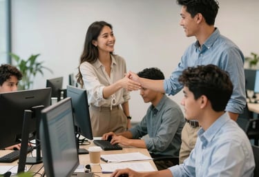 A friendly team of IT professionals collaborating in a modern office space.