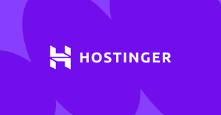 Logotipo blanco de Hostinger y su nombre sobre un fondo de marca morado vibrante