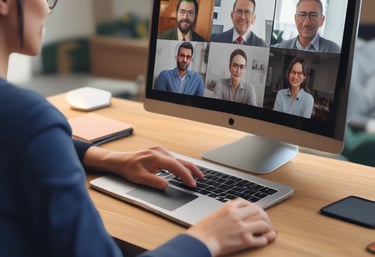 A professional woman using a laptop with notes and a cup of coffee nearby in a cozy workspace.