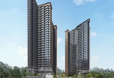 Modern luxury high-rise condominium towers with glass balconies and lush green landscaping.