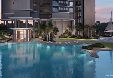 Luxury modern condominium featuring a resort-style swimming pool and landscaped gardens at sunset.