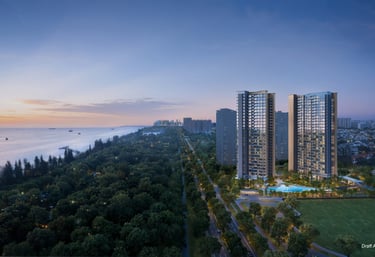 Luxury high-rise residential apartments at sunset overlooking a coastal park and ocean skyline.