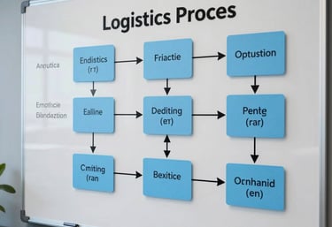 Flowchart on a whiteboard showing a logistics process optimization plan in a professional Argentine office, steel blue and light blue palette.