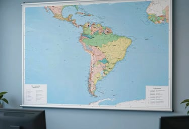 Clean and modern logistics office with a large map of South America on the wall, professional workplace photography, muted blue tones.