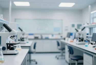 A bright and airy classroom or laboratory with advanced equipment, showcasing innovation in education and science. Soft lighting, premium #F8F9FC palette.