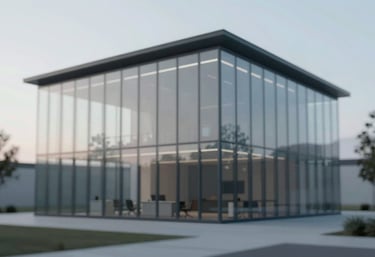 Minimalist digital architectural rendering of a glass-walled office space. Focus on clean lines and transparency, with subtle accents of #1A1D20 and #5B6C7B.