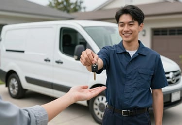 A professional technician handing keys back to a satisfied customer in a modern North American driveway. A clean service van is visible in the background under soft natural lighting, symbolizing trust and convenience.
