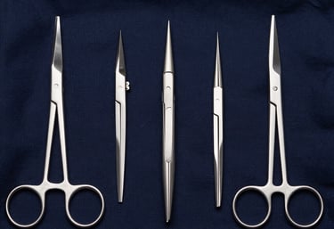 A top-down view of a set of polished surgical forceps and scissors arranged neatly on a dark navy blue sterile cloth, sharp focus, professional medical photography style.