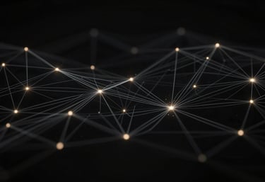 An abstract 3D visualization of data streams and neural networks in shades of black and dark gray with #FFFF00 sparks.