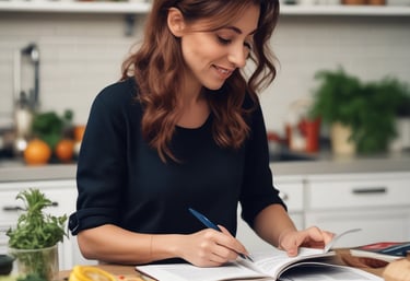 A cozy kitchen scene with fresh ingredients and a sleek tablet displaying a recipe.
