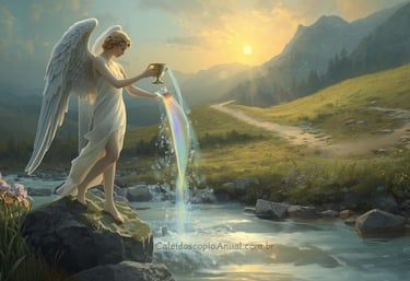 Temperança tarot: anjo alquímico vertendo líquido arco-íris entre cálices dourado e prateado