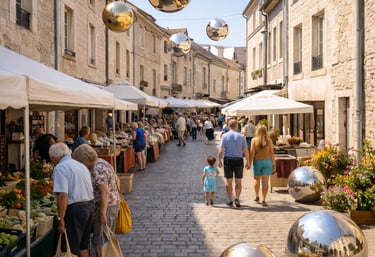 boules suspendues rue commerçante
