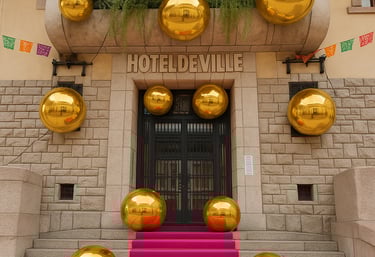 boules géantes suspendues à une façade