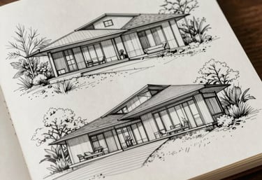 An architect's sketchbook with hand-drawn sections of a villa. Precise and artistic line work.