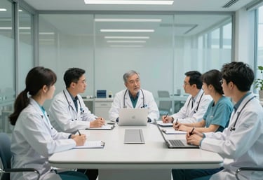 A wide shot of a collaborative medical team meeting in a bright, modern glass-walled conference room, North American hospital setting, with Pale Blue and Teal accents.