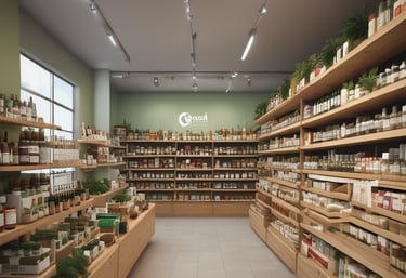A cozy market stall displaying various natural products like teas, oils, and honey jars.