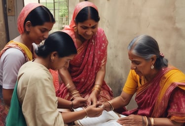 Volunteers conducting a health check-up camp in a rural village.